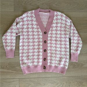 Pink Houndstooth V-Neck Button Cardigan Sweater